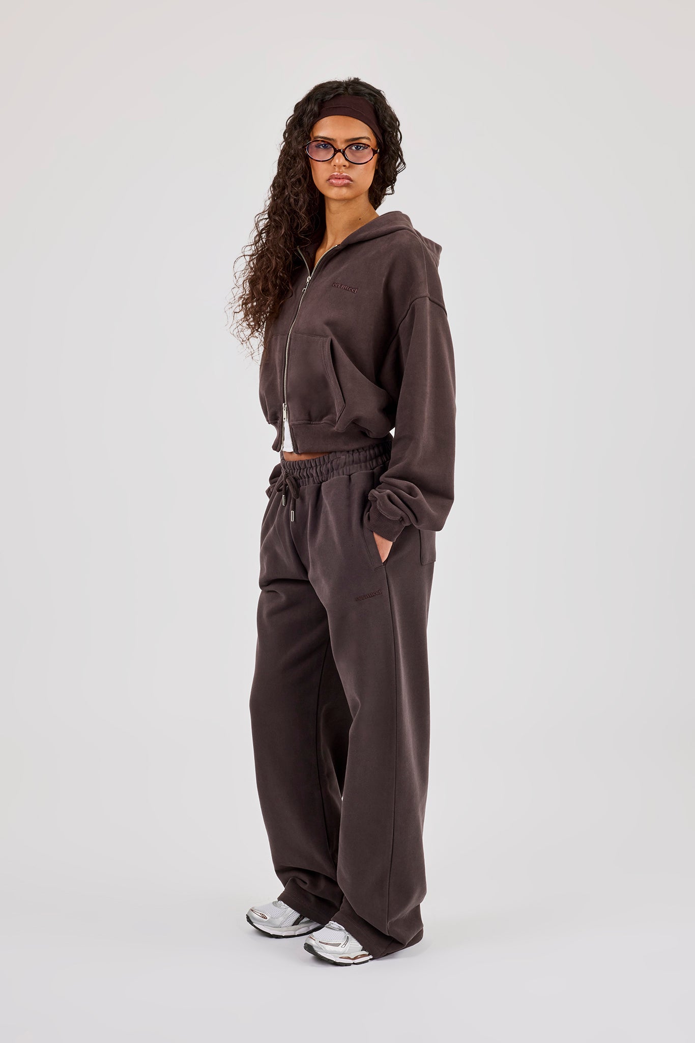 Cernucci Cropped Zip Through Hoodie & Wide Leg Jogger - Coffee
